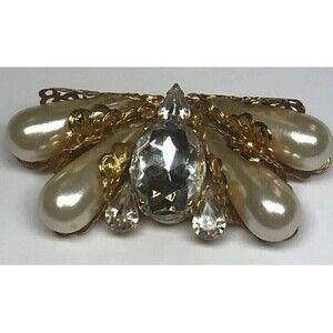 Vintage Gold Tone Faux Pearl Crystal Filigree Butterfly Fan Statement Pin Brooch